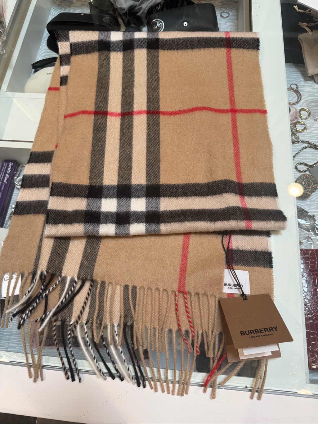 Burberry Tan Black Red Check Wool Scarf